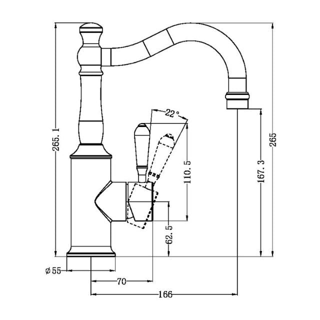 Technical Drawing Nero York Basin Mixer Hook Spout With Black Porcelain Lever Chrome NR69210203CH - The Blue Space