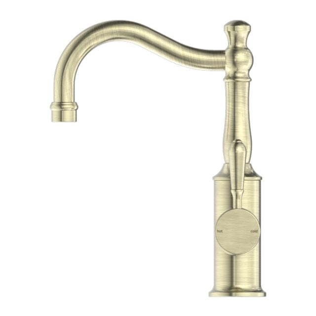 Buy Online Nero York Basin Mixer Hook Spout With Metal Lever Aged Brass NR69210202AB - The Blue Space