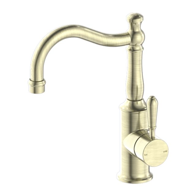 Nero York Basin Mixer Hook Spout With Metal Lever Aged Brass NR69210202AB - The Blue Space