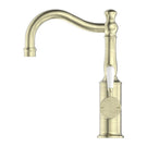 Buy Online Nero York Basin Mixer Hook Spout With White Porcelain Lever Aged Brass NR69210201AB - The Blue Space