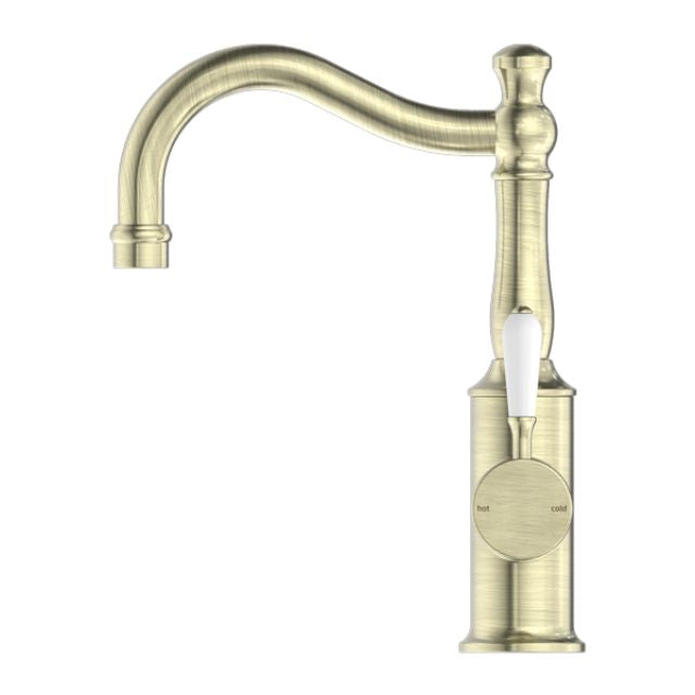 Buy Online Nero York Basin Mixer Hook Spout With White Porcelain Lever Aged Brass NR69210201AB - The Blue Space