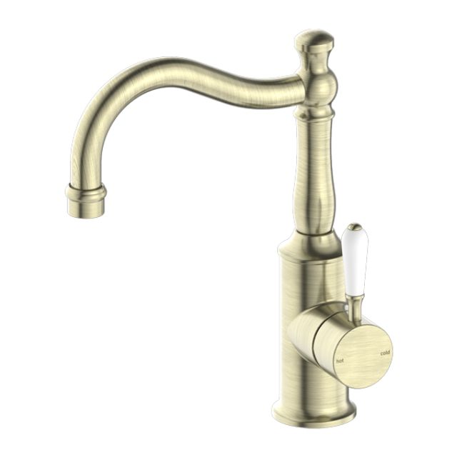 Nero York Basin Mixer Hook Spout With White Porcelain Lever Aged Brass NR69210201AB - The Blue Space