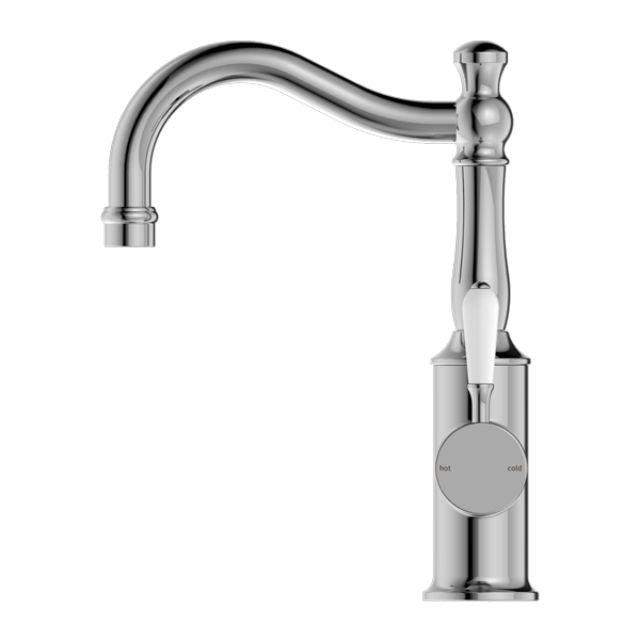 Buy Online Nero York Basin Mixer Hook Spout With White Porcelain Lever Chrome NR69210201CH - The Blue Space