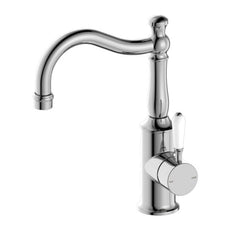 Nero York Basin Mixer Hook Spout With White Porcelain Lever Chrome NR69210201CH - The Blue Space