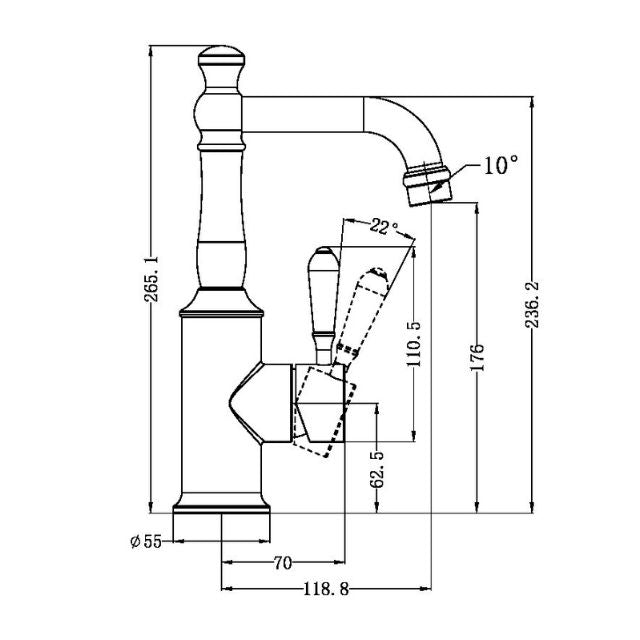 Technical Drawing Nero York Basin Mixer With Metal Lever Aged Brass NR69210102AB - The Blue Space