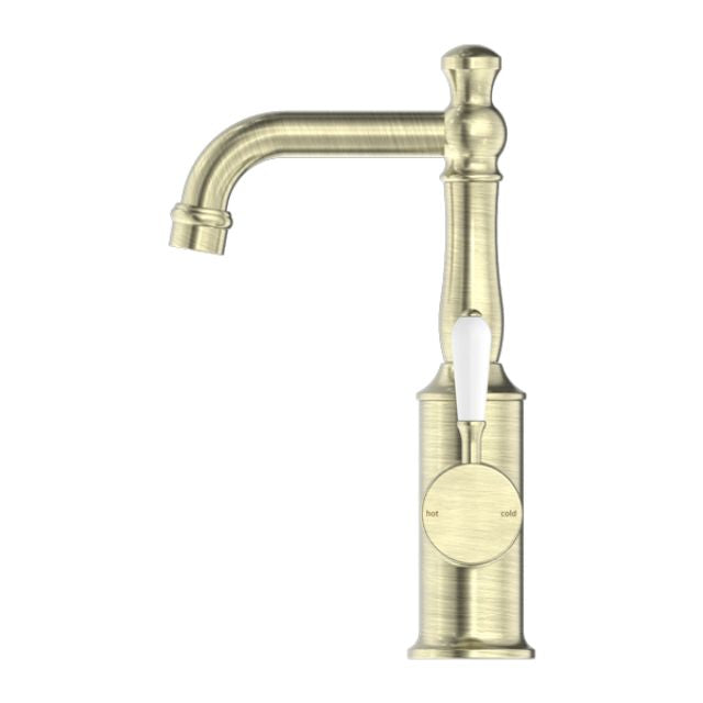 Buy Nero York Basin Mixer With White Porcelain Lever Aged Brass NR69210101AB - The Blue Space