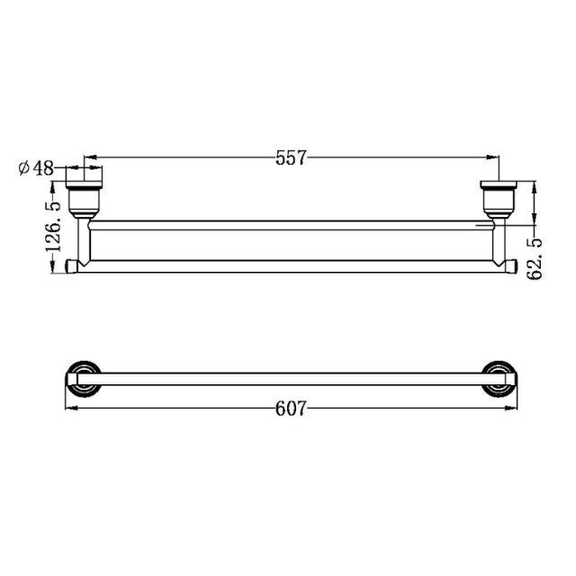 Technical Drawing Nero York Double Towel Rail 600mm Aged Brass NR6924dAB - The Blue Space