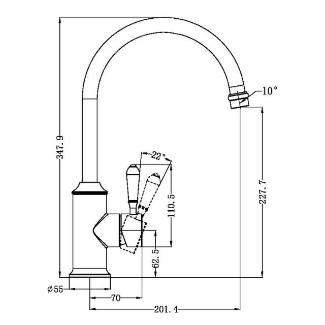 Technical Drawing Nero York Kitchen Mixer Gooseneck Spout With Metal Lever Aged Brass NR69210602AB - The Blue Space