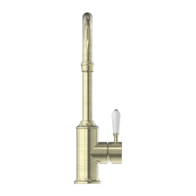 Buy Online Nero York Kitchen Mixer Gooseneck Spout With White Porcelain Lever Aged Brass NR69210601AB - The Blue Space