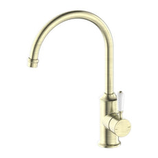 Nero York Kitchen Mixer Gooseneck Spout With White Porcelain Lever Aged Brass NR69210601AB - The Blue Space