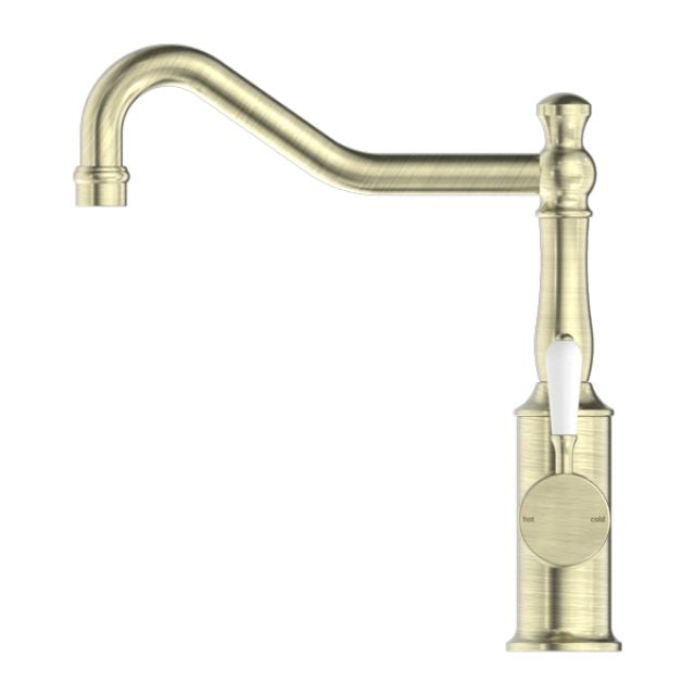 Buy Online Nero York Kitchen Mixer Hook Spout With White Porcelain Lever Aged Brass NR69210701AB - The Blue Space