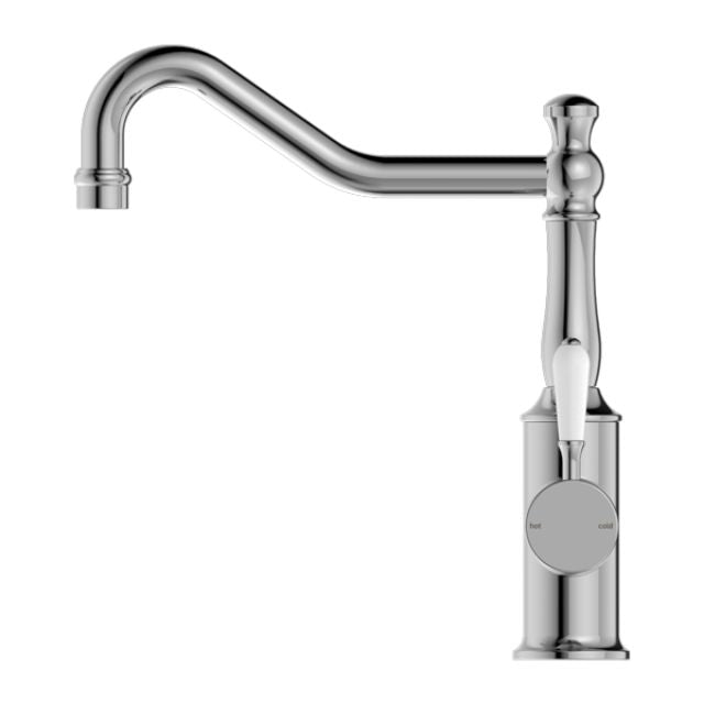 Buy Online Nero York Kitchen Mixer Hook Spout With White Porcelain Lever Chrome NR69210701CH - The Blue Space
