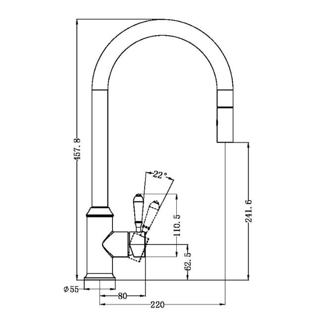 Technical Drawing Nero York Pull Out Sink Mixer with Vegie Spray Function with Metal Lever Aged Brass NR69210802AB - The Blue Space