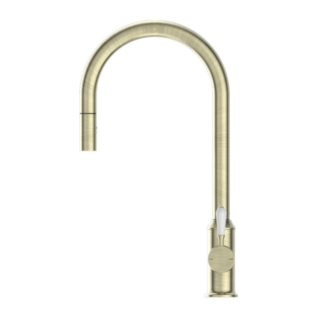 Buy Online Nero York Pull Out Sink Mixer With Vegie Spray Function With White Porcelain Lever Aged Brass NR69210801AB - The Blue Space