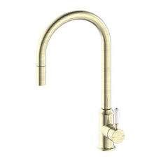 Nero York Pull Out Sink Mixer With Vegie Spray Function With White Porcelain Lever Aged Brass NR69210801AB - The Blue Space