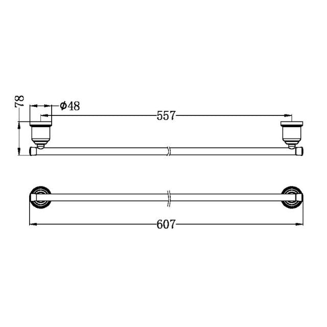 Technical Drawing Nero York Single Towel Rail 600mm Aged Brass NR6924AB - The Blue Space