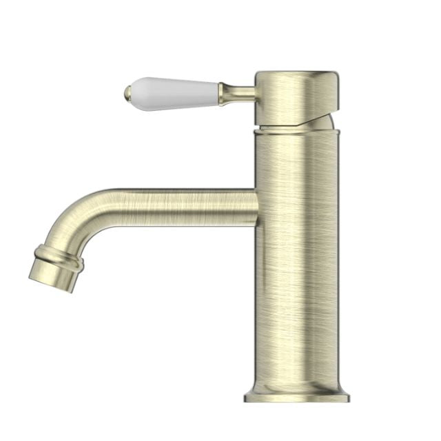 Buy Online Nero York Straight Basin Mixer With White Porcelain Lever Aged Brass NR692101b01AB - The Blue Space