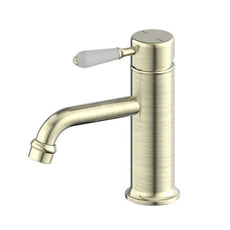 Nero York Straight Basin Mixer With White Porcelain Lever Aged Brass NR692101b01AB - The Blue Space