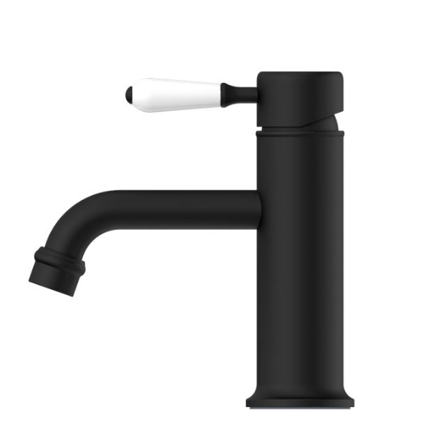 Buy Online Nero York Straight Basin Mixer With White Porcelain Lever Matte Black NR692101b01MB - The Blue Space