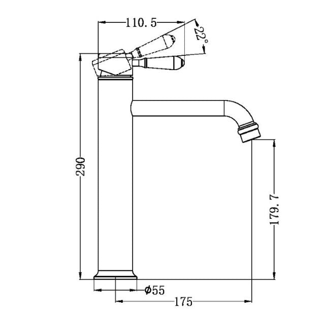 Technical Drawing Nero York Straight Tall Basin Mixer With Black Porcelain Lever Chrome NR692101a03CH - The Blue Space