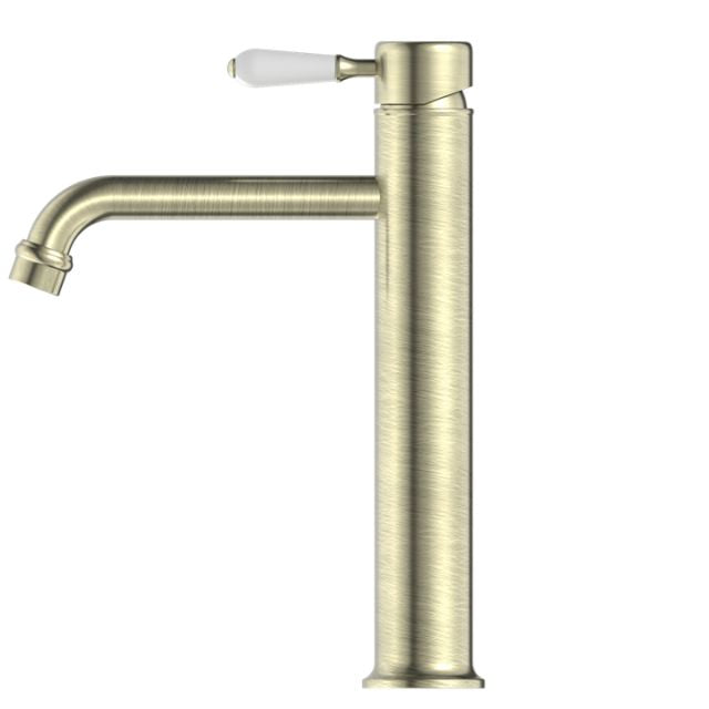 Buy Online Nero York Straight Tall Basin Mixer With White Porcelain Lever Aged Brass NR692101a01AB - The Blue Space