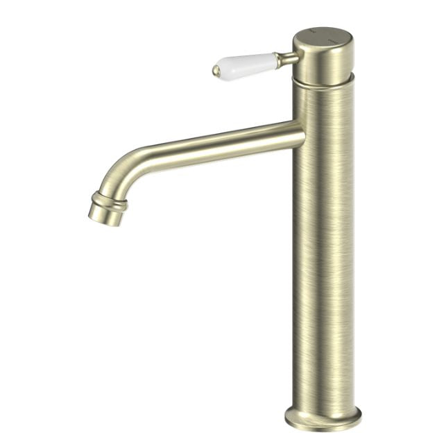 Nero York Straight Tall Basin Mixer With White Porcelain Lever Aged Brass NR692101a01AB - The Blue Space