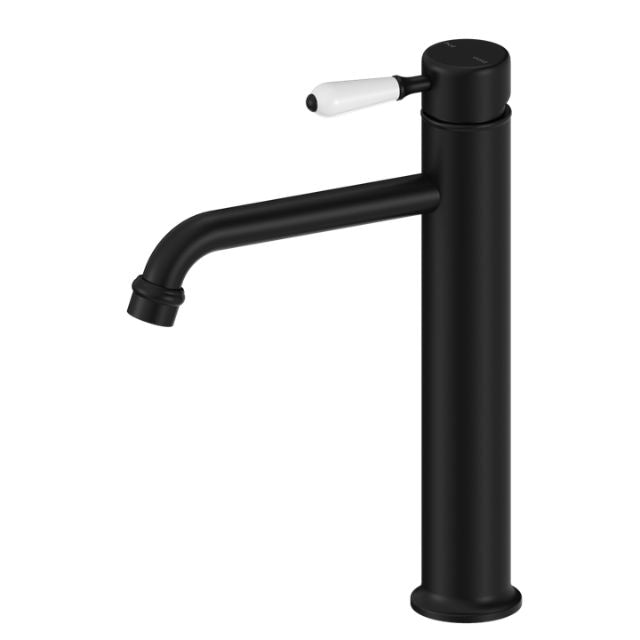 Nero York Straight Tall Basin Mixer With White Porcelain Lever Matte Black NR692101a01MB - The Blue Space