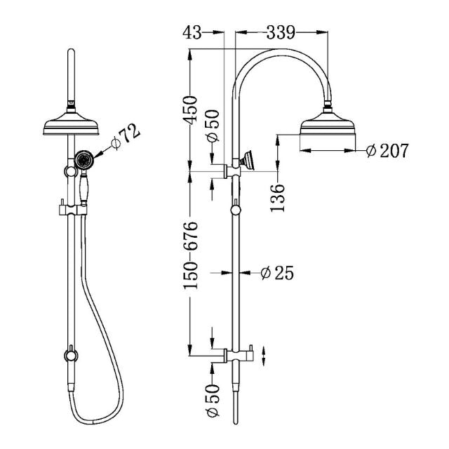 Technical Drawing Nero York Twin Shower With Metal Hand Shower Matte Black NR69210502MB - The Blue Space