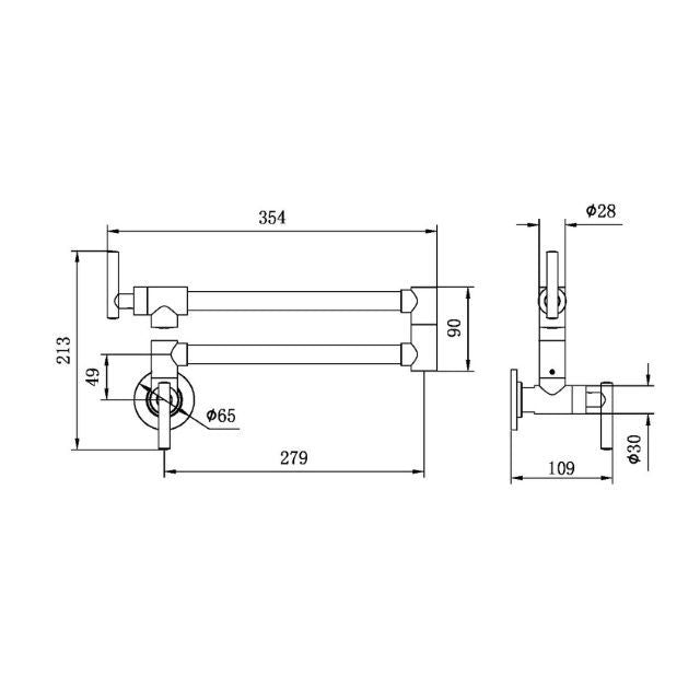 Technical Drawing Nero Zen 316L Stainless Steel Pot Filler Chrome NR162203CH - The Blue Space