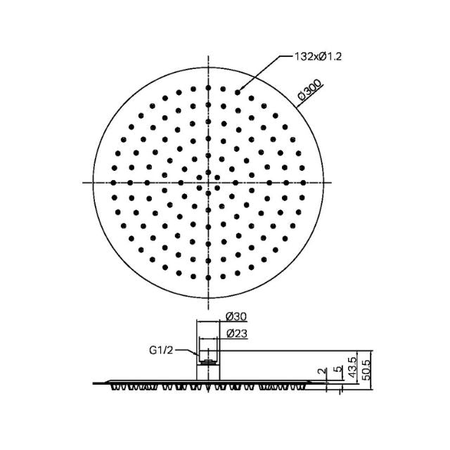 Technical Drawing Nero Zen SS316L 300mm Round Shower Head Brushed Gold NR508041BG - The Blue Space