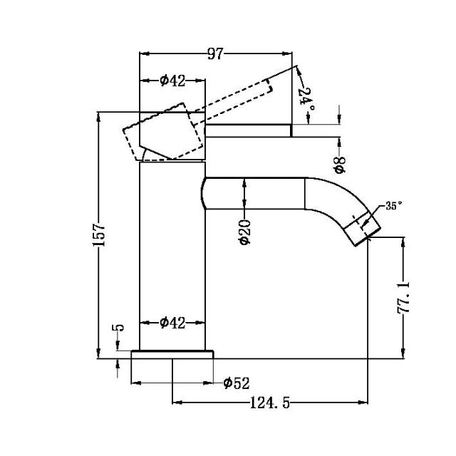 Technical Drawing Nero Zen SS316L Basin Mixer Brushed Gold NR162201BG - The Blue Space