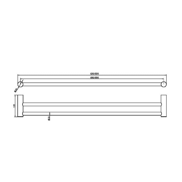 Technical Drawing Nero Zen SS316L Double Towel Rail 600mm Graphite NR1624dGR - The Blue Space