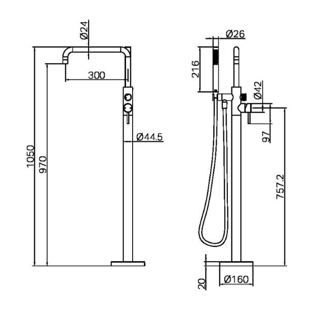 Technical Drawing Nero Zen SS316L Freestanding Bath Mixer Brushed Bronze NR162203a02BZ - The Blue Space