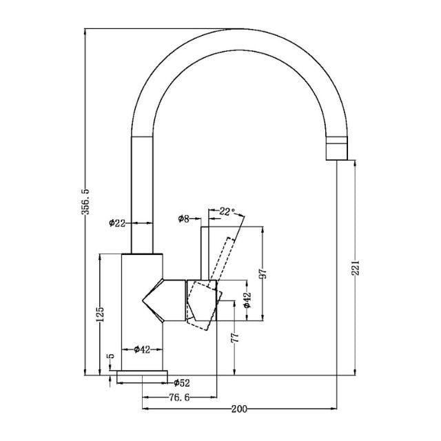 Technical Drawing Nero Zen SS316L Kitchen Mixer Graphite NR162207GR - The Blue Space