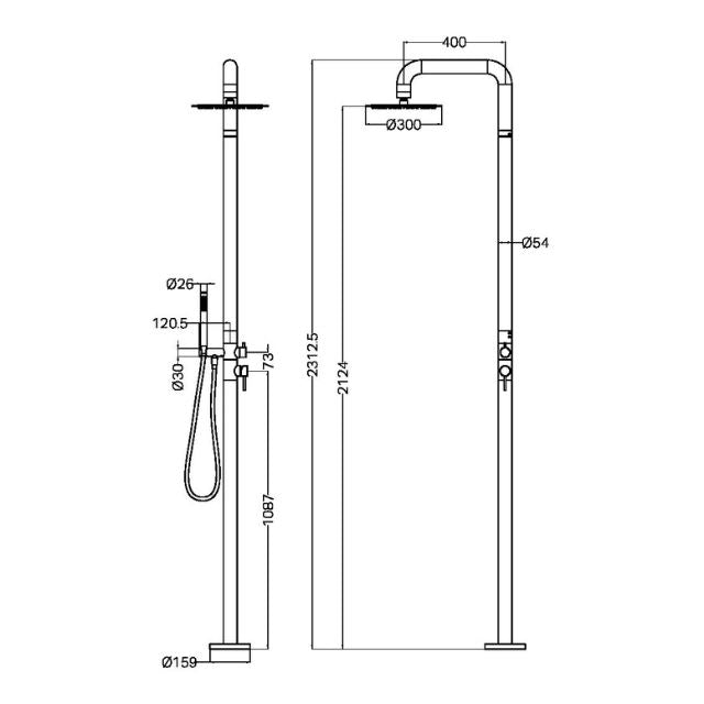 Technical Drawing Nero Zen SS316L Outdoor Freestanding Shower Column Brushed Bronze NR162205aBZ - The Blue Space