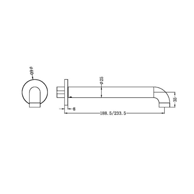 Technical Drawing Nero Zen SS316L Round Basin/Bath Spout Only 185mm Brushed Gold NR162203b185BG - The Blue Space