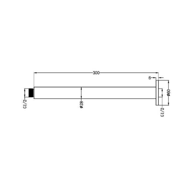 Technical Drawing Nero Zen SS316L Round Ceiling Arm 300mm Length Brushed Nickel NR510BN - The Blue Space