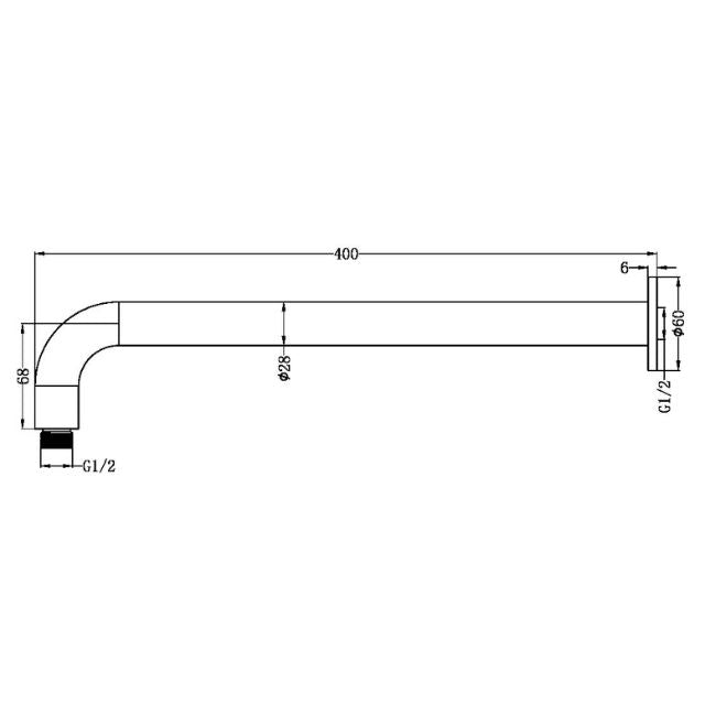 Technical Drawing Nero Zen SS316L Round Shower Arm 400mm Length Brushed Gold NR509BG - The Blue Space