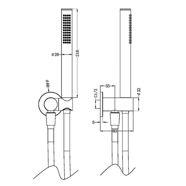 Technical Drawing Nero Zen SS316L Shower On Bracket Brushed Bronze NR162205d02BZ - The Blue Space