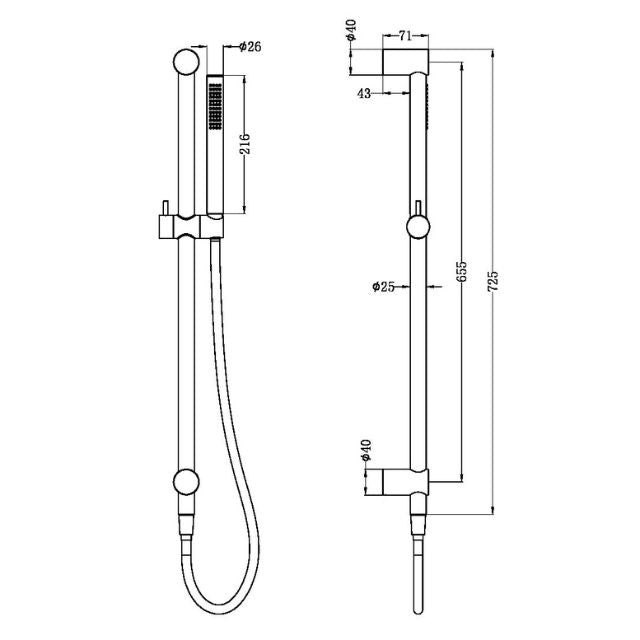 Technical Drawing Nero Zen SS316L Shower Rail Brushed Bronze NR162205b02BZ - The Blue Space