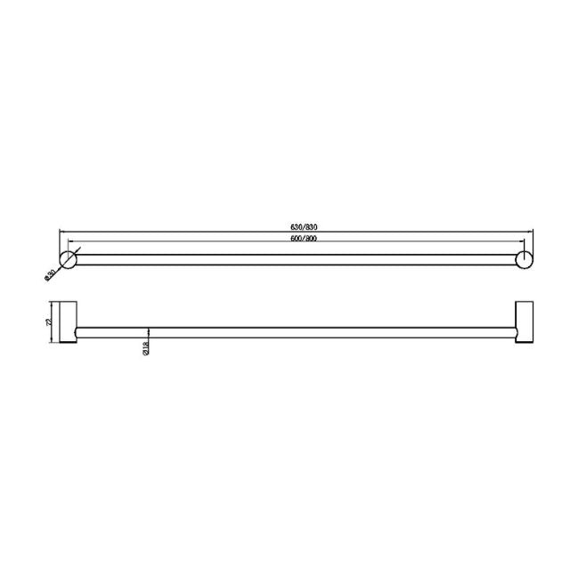 Technical Drawing Nero Zen SS316L Single Towel Rail 600mm Brushed Bronze NR1624BZ - The Blue Space