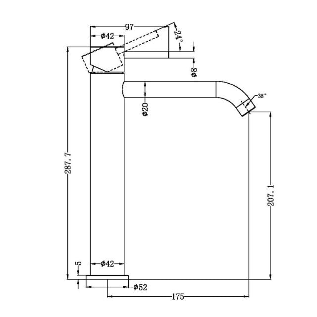 Technical Drawing Nero Zen SS316L Tall Basin Mixer Graphite NR162201aGR - The Blue Space