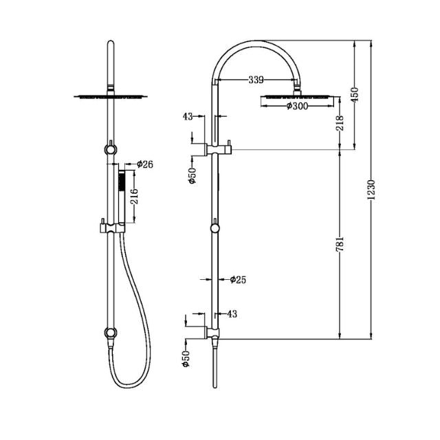 Technical Drawing Nero Zen SS316L Twin Shower Brushed Bronze NR162205c02BZ - The Blue Space