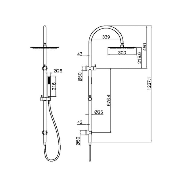 Technical Drawing Nero Zen SS316L Twin Shower With Outdoor Shower Hose Brushed Gold NR162205C01BG - The Blue Space