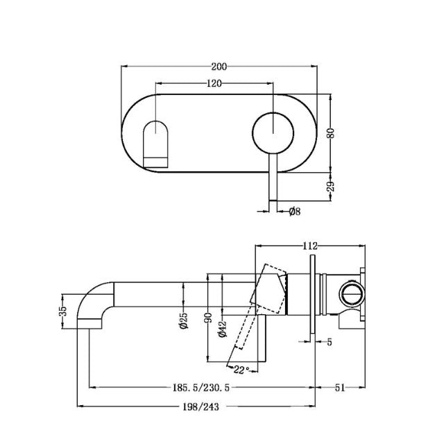 Technical Drawing Nero Zen SS316L Wall Basin/Bath Mixer 230mm Spout Graphite NR162210a230GR - The Blue Space