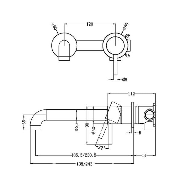 Technical Drawing Nero Zen SS316L Wall Basin/Bath Mixer Separate Back Plate 185mm Spout Brushed Bronze NR162210b185BZ - The Blue Space