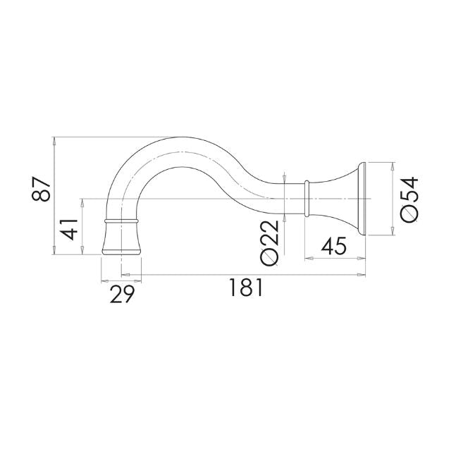 Technical Drawing Phoenix Nostalgia Basin Bath Outlet 180mm Shepherd Crook - Antique Black NS0900-33 - The Blue Space