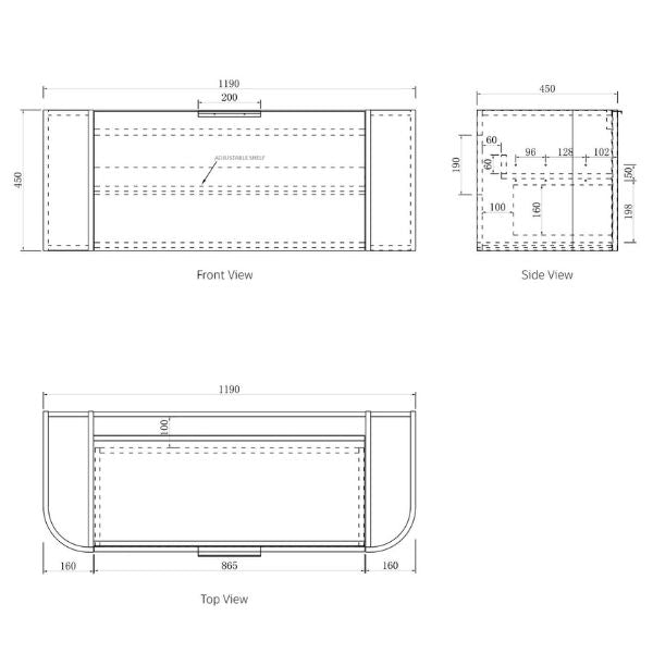 Technical Drawing Cabinet Otti Bondi 1200mm Fluted Wall Hung Curve Vanity Satin White - The Blue Space