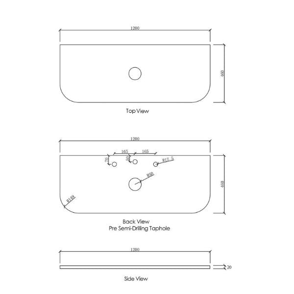 Technical Drawing Stone Top Otti Bondi 1200mm Fluted Wall Hung Curve Vanity Satin White - The Blue Space