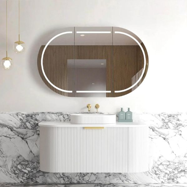 Otti Bondi 1200mm Fluted Wall Hung Curve Vanity Satin White with Pure White Stone Top